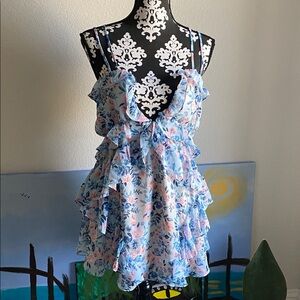 Lovers + Friends Blue Floral Ruffle Mini Dress